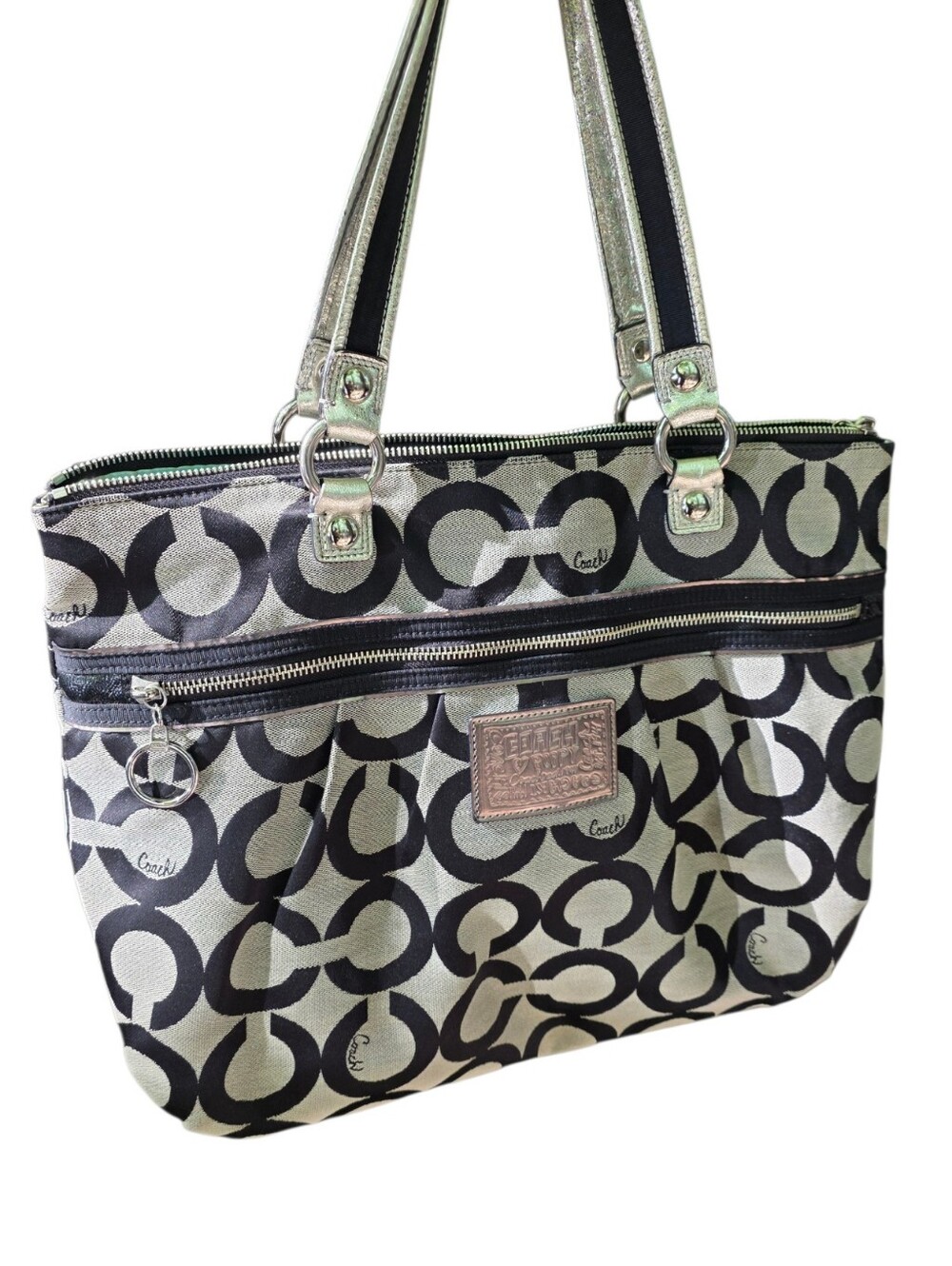 Coach POPPY Black & Silver Signature Tote Bag Teal INTERIOR